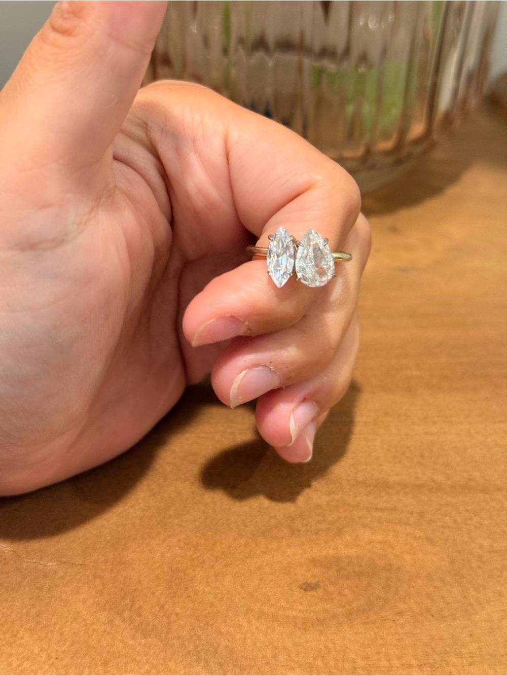 Open Double Pear Stone Ring in Silver Tone